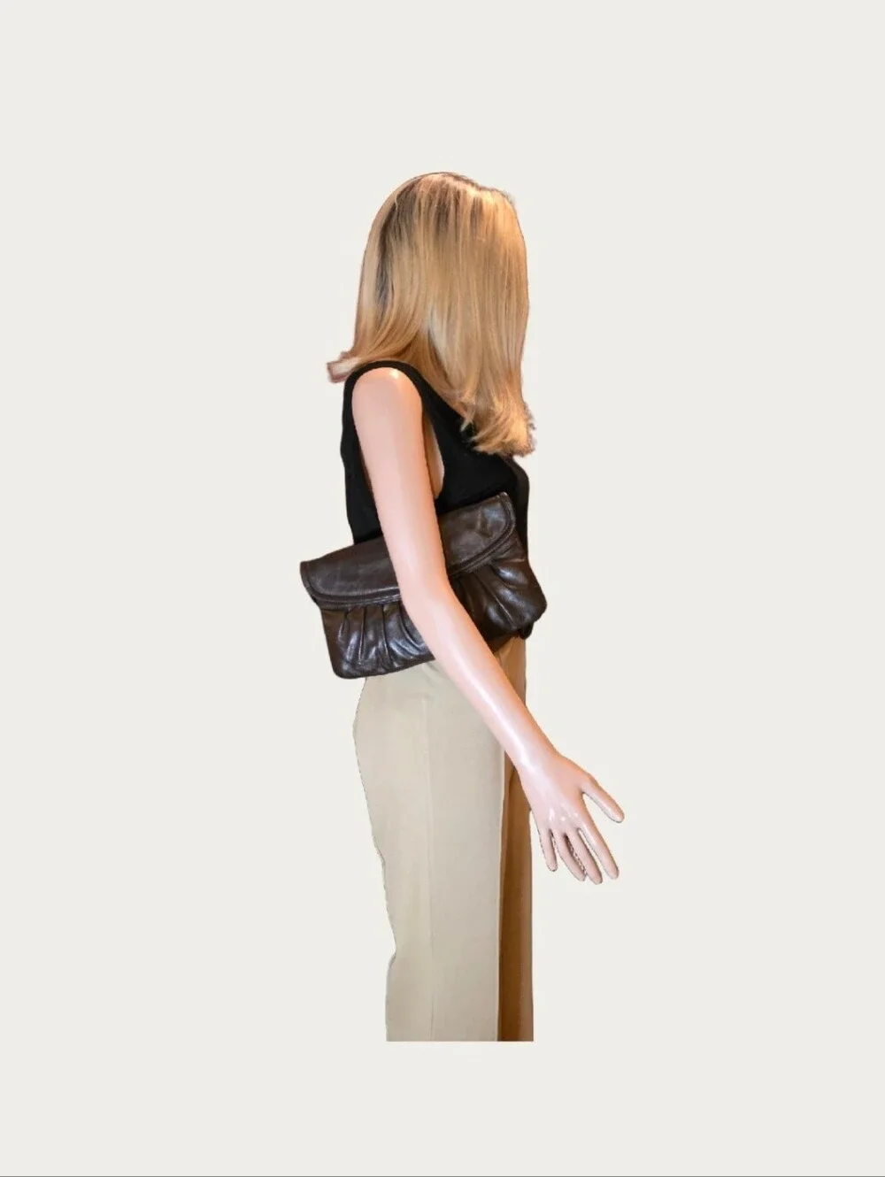 Vintage Mid- Century Brown Leather Ruched Clutch Bag EUC